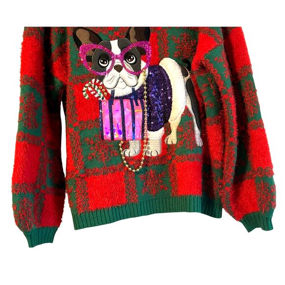 Holiday Time Christmas Sweater Fashion Bulldog Sequins Beads SZ L 12-14 - Picture 4 of 9